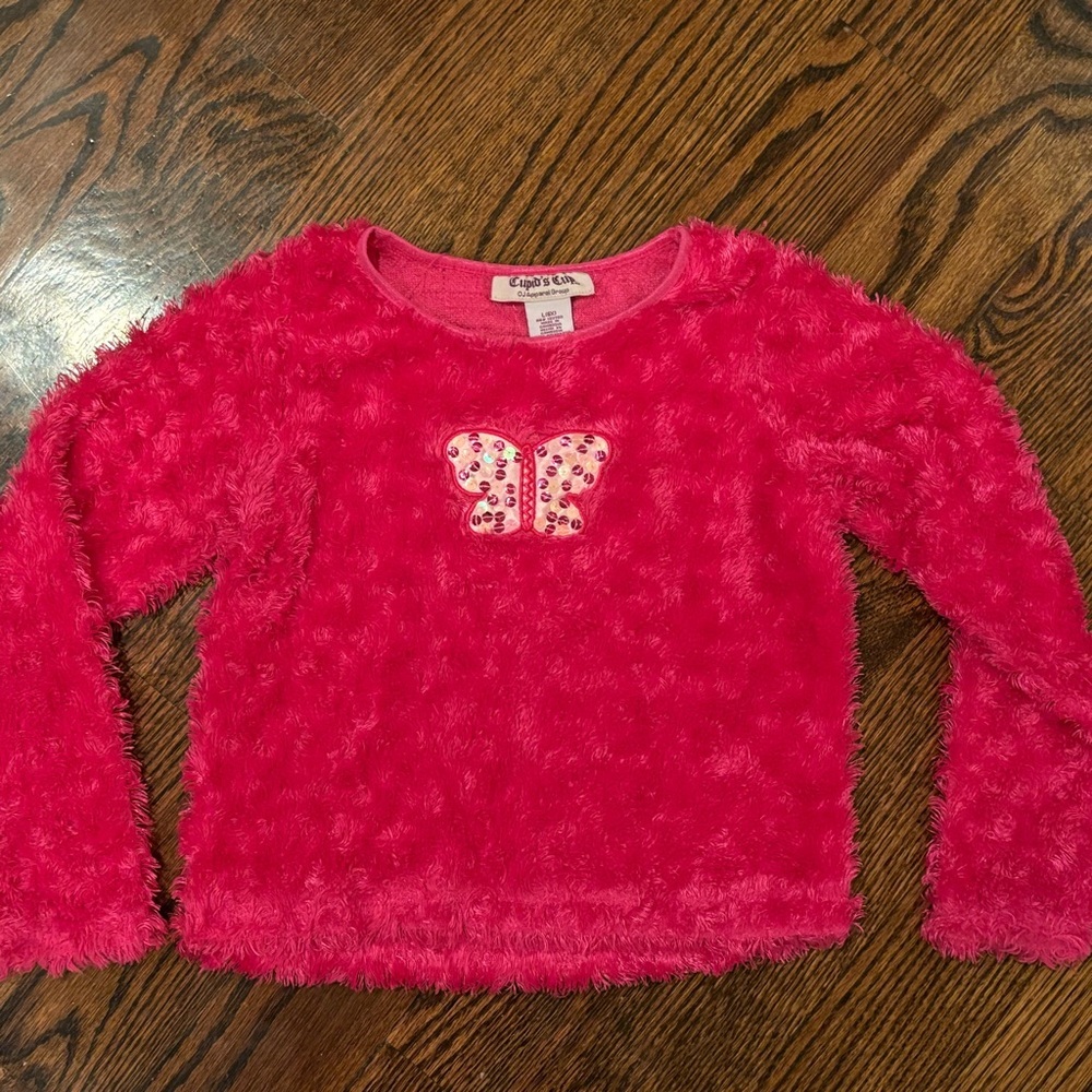 Girls~CUPIDS CUP~Pink Fuzzy Sweater~Sequin Butterfly~Size Large 6X~EUC~SKU010